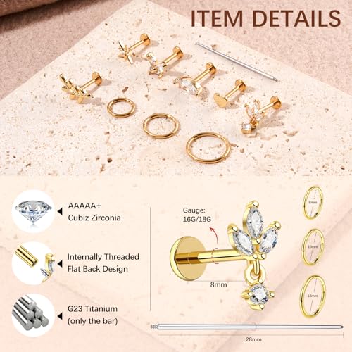 G23 Titanium 10Pcs 16G/18G Stud Earrings Flat Back Tragus Cartilage Earrings Rings Hoops CZ Butterfly Flower Leafage Heart Stud Labret Conch Helix Piercing Jewelry Set2