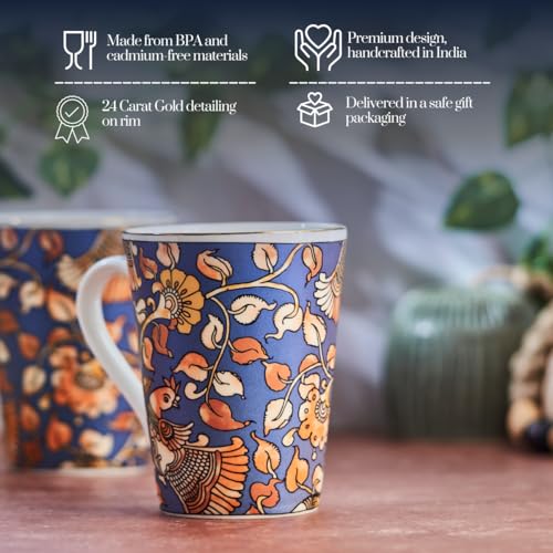 Image of GOLDEN QUEEN'S Mugs Set Of 2 For Coffee, Tea, Milk - Ideal For Your Daily Beverage Ritual, Hosting & Casual Gatherings | 24 K Gold On Rim - Kalamkari Hues In Blue, 300 Ml