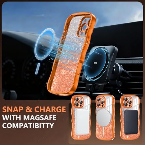 Meshine for iPhone 16 Pro Max Case,[Compatible with MagSafe][Build-in Camera Lens],Magnetic Curly Wavy Frame Shockproof Cute for Women Girls Cover for Apple iPhone 16 Pro Max 6.9 Inch,Glitter Orange - image 3