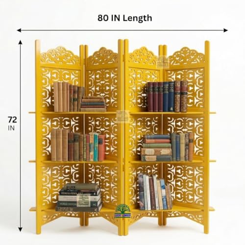 Image of Wooden Room Divider Partition with Display Shelves for Living Room | Foldable 4 Panel Decorative Privacy Screen Separator for Home, Office & Bedroom | Modern Gold Finish