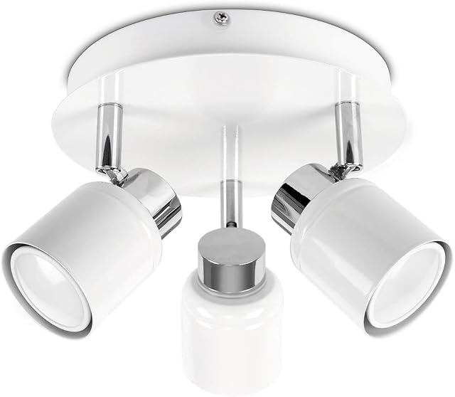 MiniSun Modern Chrome & White Adjustable 3 Way Round Plate Ceiling Spotlight - IP44 Rated - Complete with 3 x 5W GU10 Cool White LED Bulbs