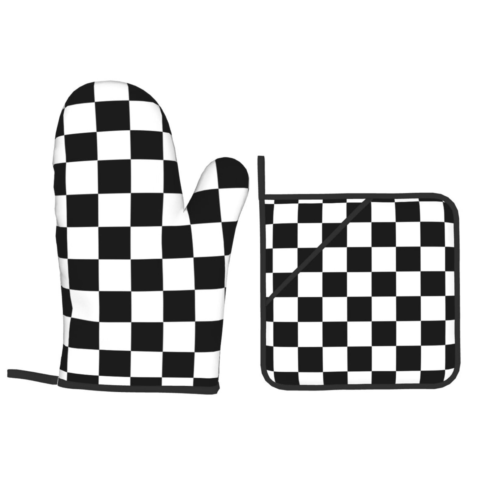 Juego de 4 manoplas de horno y agarraderas con estampado a cuadros en blanco y negro, juego de 4 guantes de horno y agarradera adecuados para barbacoas, hornear, cocinar en microondas