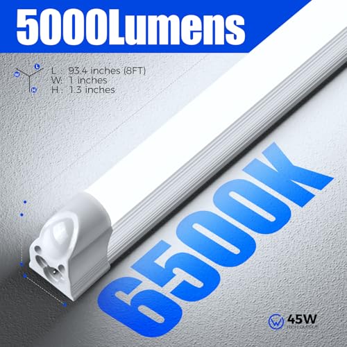 Image of Barrina T5 LED Shop Light, 8FT, 5000LM, 6500K, 45W (10 Pack), Linkable | Super Bright White Shop Lights, Led Garage Light, Corded Electric with ON /Off Switch, ETL Listed