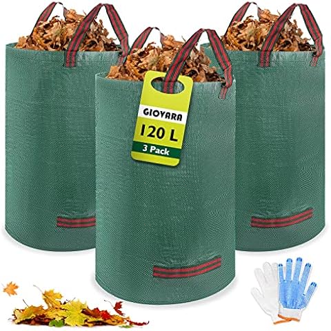 GIOVARA 3 x 120L Garden Waste Bags,Waterproof Heavy Duty Large Refuse Sacks with Handles,Foldable and Reusable (3) Cover