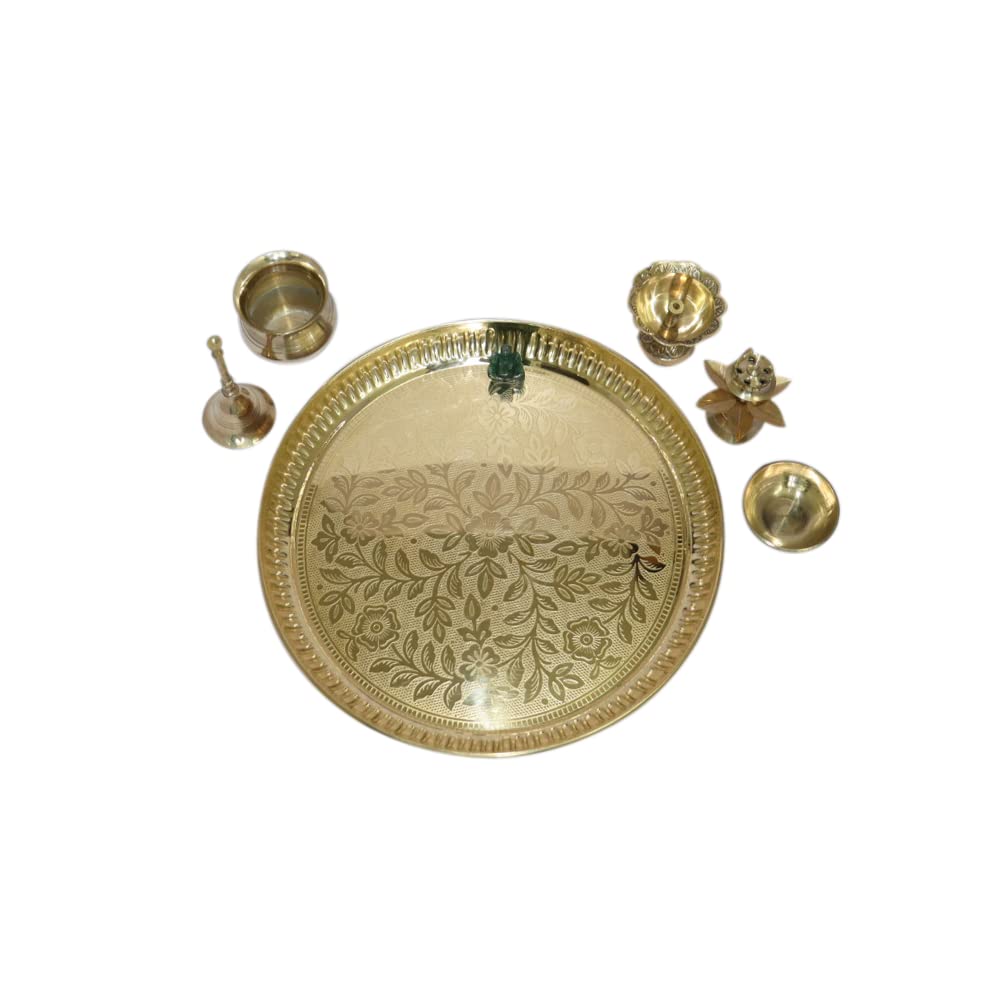 Pooja Thali Set mit 5 indischen dekorativen Puja-Artikeln, Aarti-Teller für Tempel, Hochzeit, Heimdekoration, Mandir, Messing, Tika Thali, Diwali, Dekorationsgeschenke