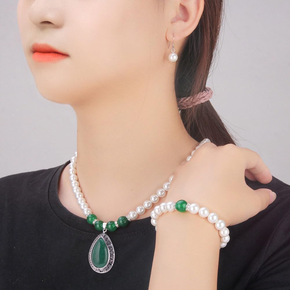 Waterdrop Design Green Jade Jewelry Set for Women, Shell White Pearl Handmade Earrings Necklace Bracelet for Pearl Jewelry