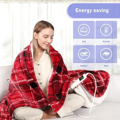 Electric Heated Blanket with Auto Off, 10 Heating Levels, Machine Washable Soft Sherpa Fleece - Red (Throw)