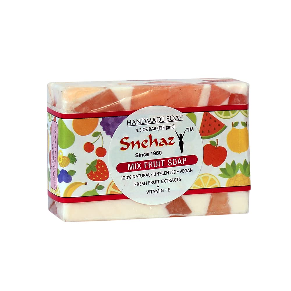 SNEHAZ 100% Natural Handmade Mix Fruit Soap | Fresh Fruits Extracts with Vitamin-E | Unscented Vegan Soap Bar for Men and Women | All Types of Skin (4.5 Oz)