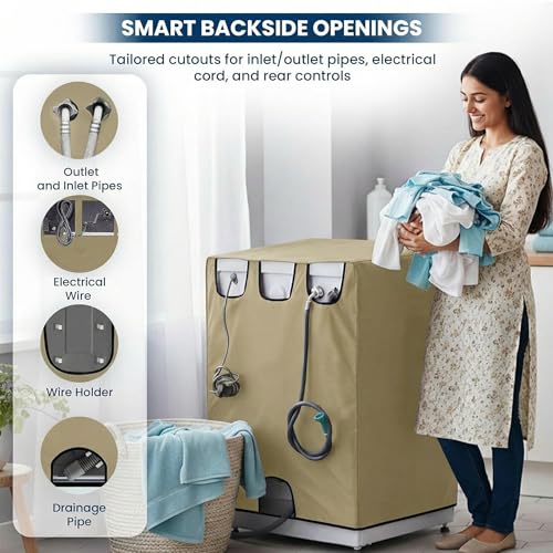Image of Waterproof & Dustproof Front Load Washing Machine Cover Compatible for LG 12kg (FHD1208STB) | UV-Protective Washing Machine Cover | Anti-Slip Polyester | Easy to Clean & Zipper (Beige)