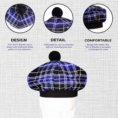 Image of Scottish Tam O' Shanter Hat Tartan Bonnet Pom Pom Wool Flat Cap One Size