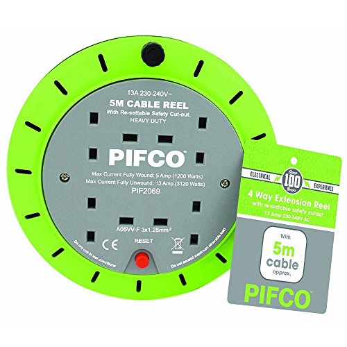 PIFCO - Carrete de extensión de cable eléctrico resistente de 5 m, 10 m y 25 m, enchufe de 2 vías y 4 vías con fusible térmico y corte de seguridad reconfigurable, 13 A, 230  240 V 4 Way 5 Meter