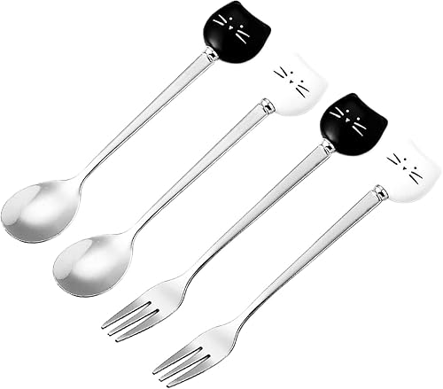 Lindo juego de cucharas y tenedores de café para gatos, cuchara de postre de cerámica de acero inoxidable para gatos, tenedor de frutas, 5.77.2