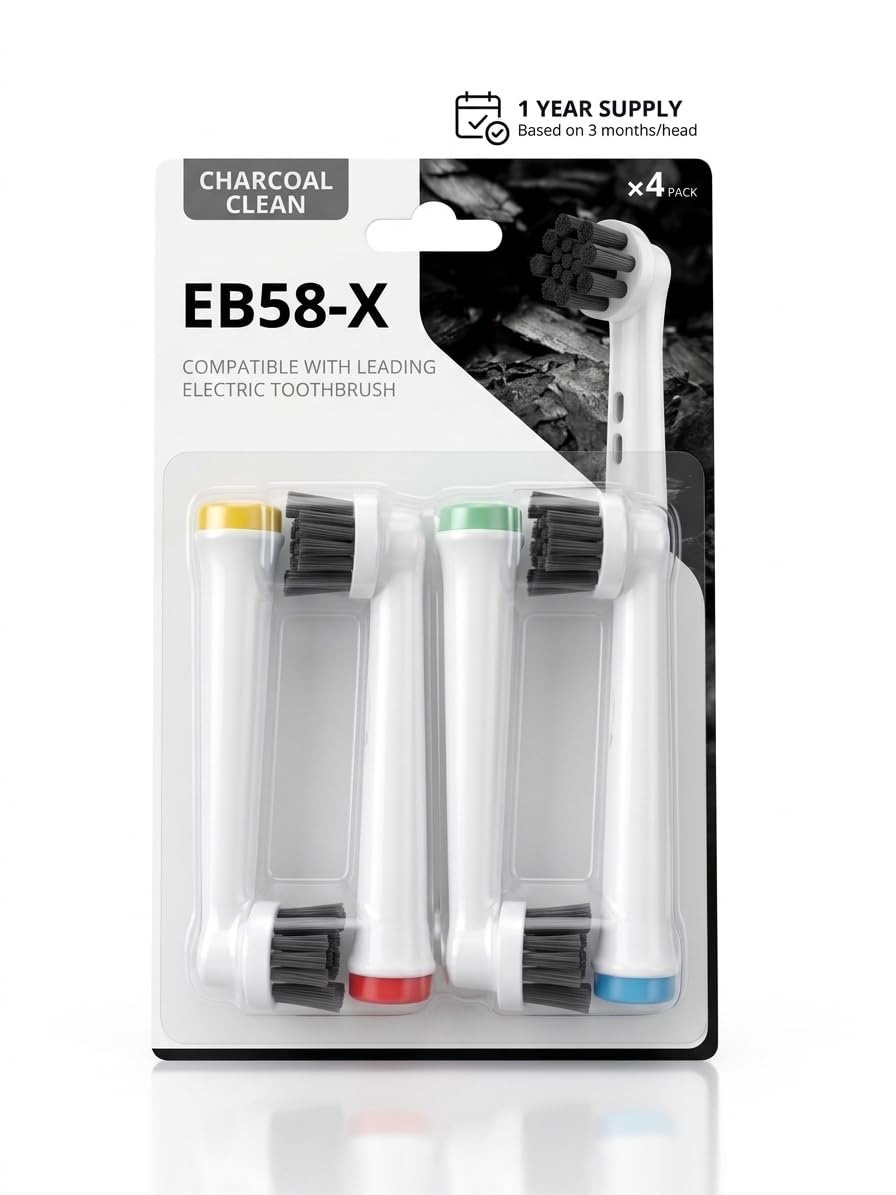 EB58-X Aktif Kömürlü Diş Fırçası Yedek Başlığı, Oral-B ile Uyumlu, Doğal Beyazlatma, Derin Plak Temizliği, 4'lü Paket