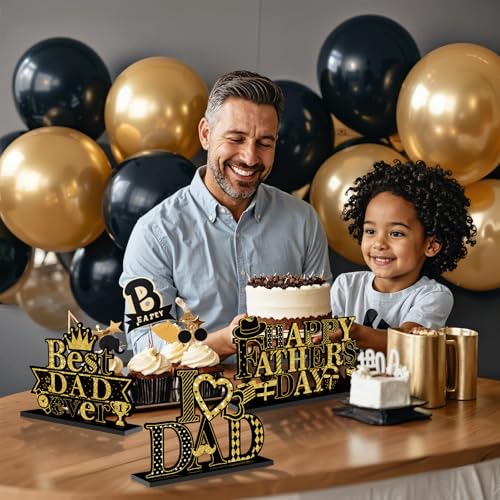 Fathers Day Table Decorations Happy Father's Day Wooden Sign Black Gold Father's Day Party Centerpieces Best Dad Ever Wood Tiered Tray Decor for Father's Gift Party Decor - Image 6