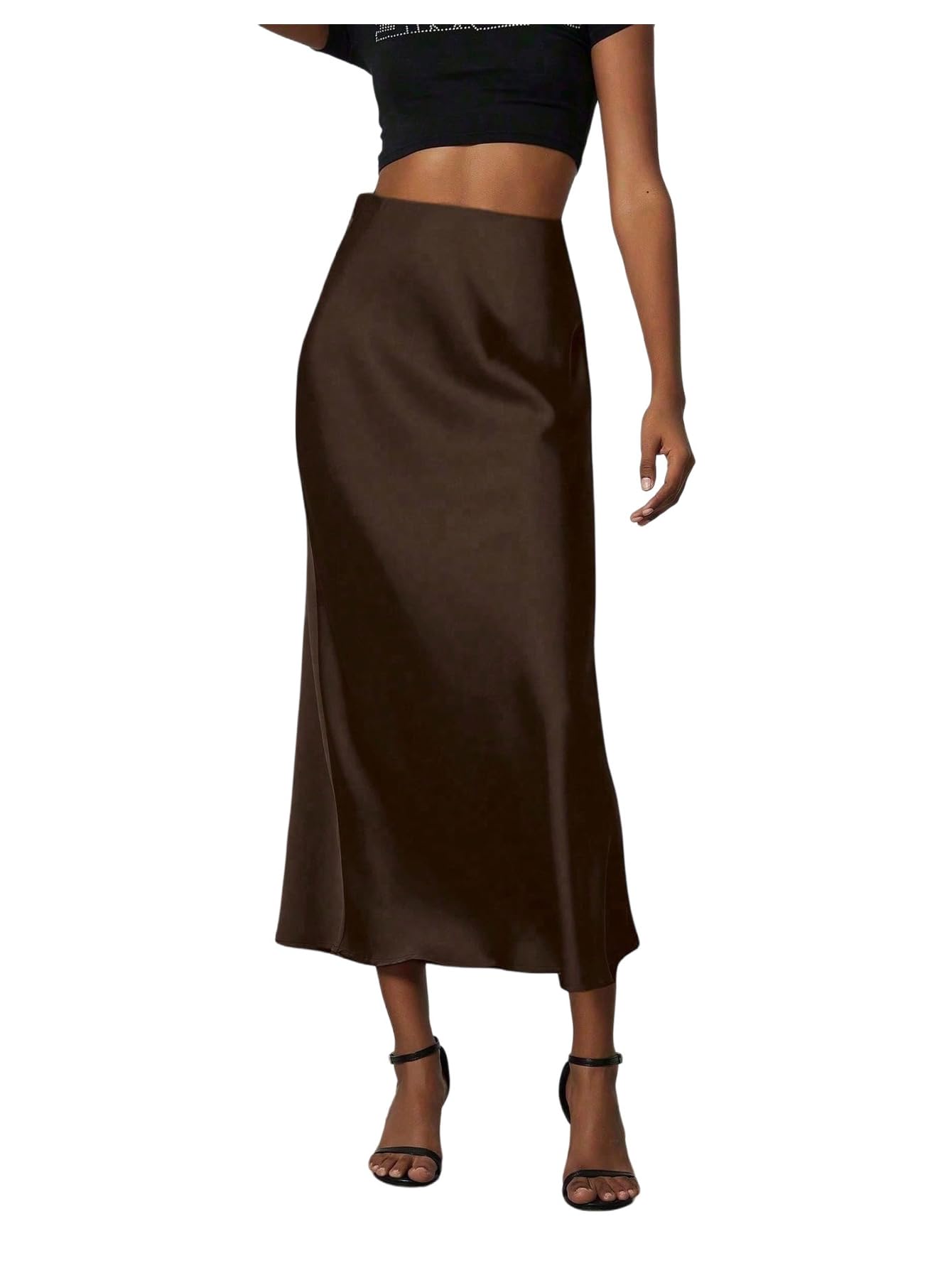 SHENHE Womens Elegant Satin Skirt High Waisted Flared Silky Business Casual Work Midi Skirt