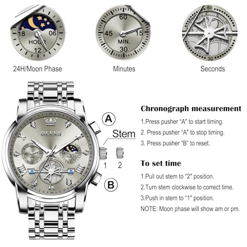 Image of OLEVS Men Watches Stainless Steel Chronograph Watch, Large Wrist Analog Quartz Watch, Fashion Waterproof Diamond Roman Numerals Dress Watches for Men, Gold /Black /White /Blue /Grey Dial