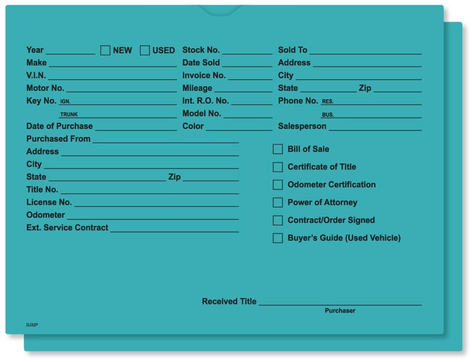Printed Vehicle Deal Jackets Envelopes Folders for Auto Car Dealerships - 9x12 Size - Dealer Supplies - New and Used Cars - 100 Quantity (Teal)