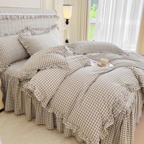 Image of mixinni Tan Gingham Ruffle Duvet Cover King Size 3 Pieces - 100% Washed Cotton, Vintage Plaid Ruffled Bedding Set with Zipper Ties, Soft Cream Checkered Grid Farmhouse Chic Comforter Cover Set