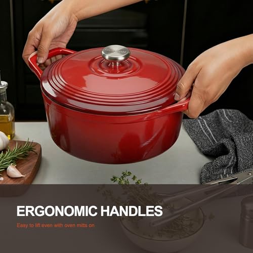 Image of Overmont Enameled Cast Iron Dutch Oven - 5.5QT Pot with Wide Handles Lid Cookbook & Cotton Potholders - Heavy-Duty Pre-Seasoned Cookware Oven Safe to 500F for Braising, Stews, Roasting, Sourdough Baking