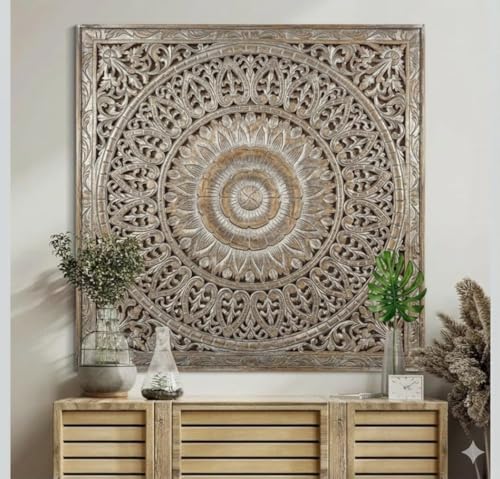 Image of ROYAL TRADERS Hand Carved Wooden Mandala Wall Panel | Vintage Floral Wall Art | Decorative Wooden Wall Hanging | Boho Home Decor Panel Large Wall Decor Panel, Wooden Carving Wall Hanging (ANTIQUE WHITE)