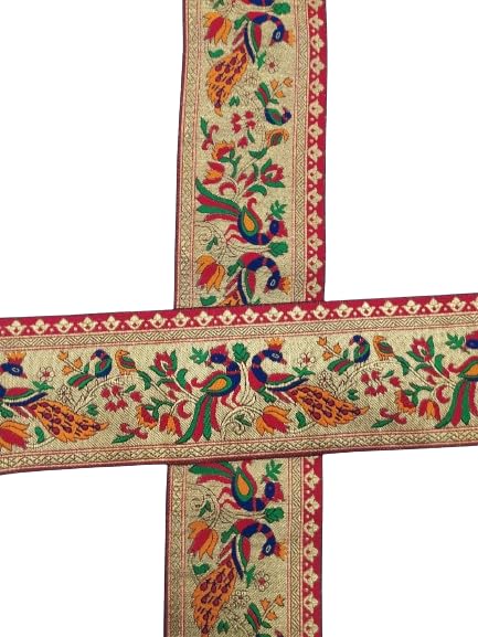 Embroidered Peacock Design Fabric Trim, Multicolor with Gold Border, Traditional Indian Style Lace, 3 inch and 9 Meter -045-image-1