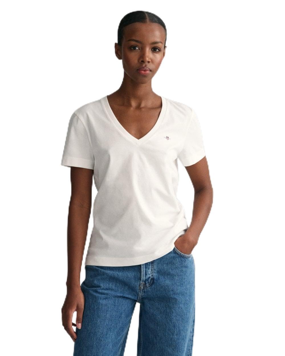 GANT Women's Reg Shield SS V-Neck T-Shirt, White, M