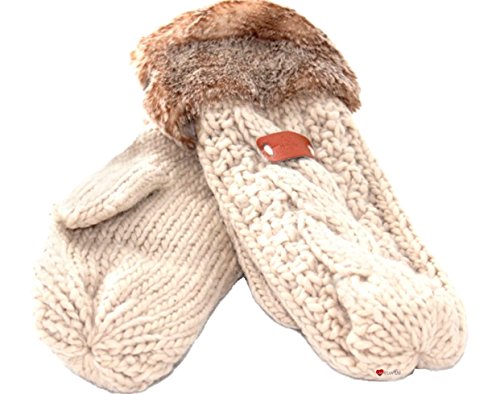 I LUV LTD Ladies Aran Knit Mitts in Cream with Fur Cuffs
