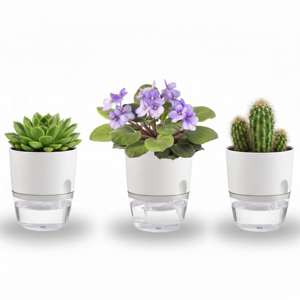 Thorkok 3.2 Inch Self Watering Planters Plastic Planter Pots 3 Pack Wicking Flower Pots Modern Decorative Planter for Small African Violets House Plants,Herbs,Indoor Outdoor Plant (White)