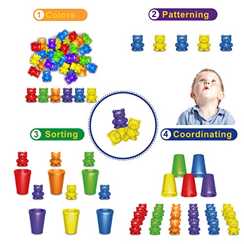Rainbow Counting Bears With Matching Sorting Cups 150 Pcs Set JUMBO PACK + FREE Linking Cubes + FREE Counting Chips + FREE Storage Bag | STEM Educational Gift Toddler, Pre-School Learning Counting Toy - Thumbnail 6