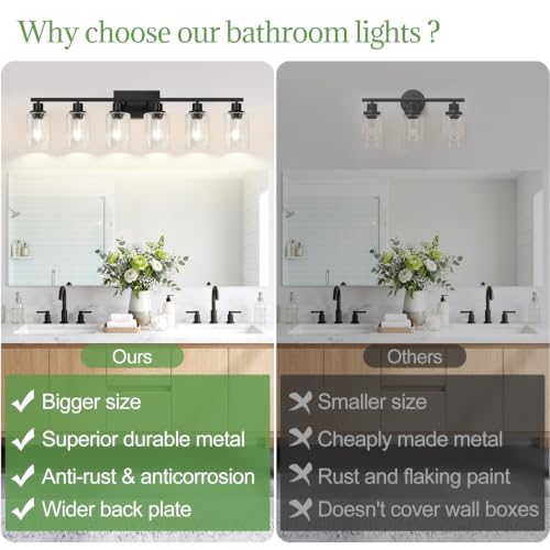 Image of Indoi 6-Light Bathroom Light Fixtures, Matte Black Modern Vanity Lights with Clear Glass Shades, Bathroom Wall Lamp for Mirror Living Room Cabinet Bedroom Porch