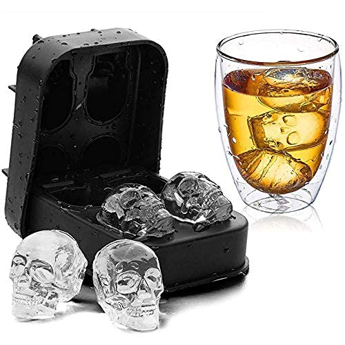 CELLEBII® 3D Ice Cube Maker Skull Flexible Silicone Ice Cube Mold Tray Makes Four Giant Skulls Round Ice Cube Maker Black