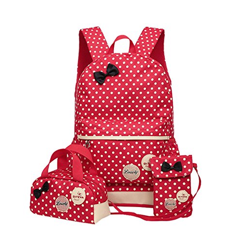 Sac à dos,AHATECH sac scolaire 3 en 1 enfant fille Sac à dos + Sac à Main + Sac d'épaule adolescentes mignon Polka Dot (Rouge)