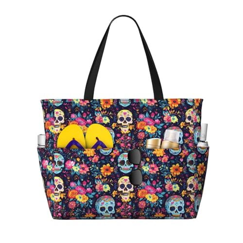 Large Beach Bags for Women Sandproof - Boho Style Skull (A) Print Summer Travel Work Tote Bags with Zipper