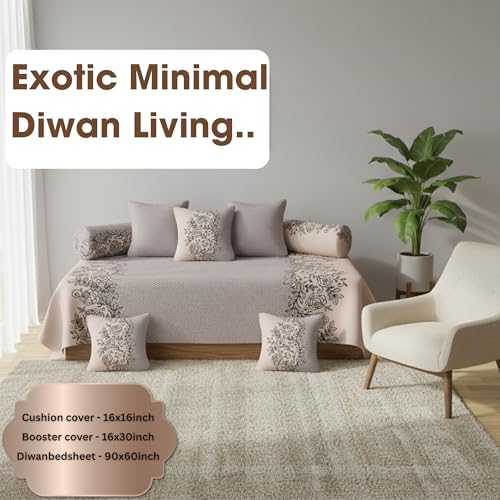 Image of Homes Vibrant Color and Printed Microfiber Diwan Set of 8 Pieces Combo with Cushions for Living Room, 1 Single Bedsheet, 5 Cushion Covers, 2 Bolsters Covers (Beige)
