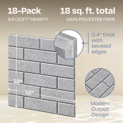 Image of Acoustic Wall Panels 18-Pack, 12 inchx12 inchx0.4 inch Decorative Self-Adhesive Sound Proofing | High Density 3D Brick Soundproof Absorbing Tiles for Walls, Home, Office & Studio - Light Gray
