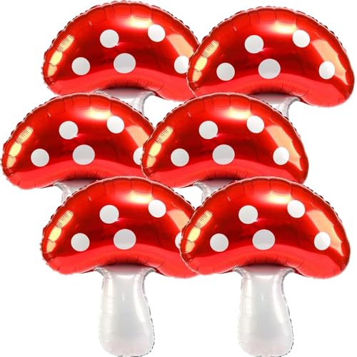 Balões de cogumelos, 6 peças balões em forma de cogumelos vermelhos, bolas de cogumelos decorativas, balões de alumínio interessantes para festa de aniversário com tema florestal