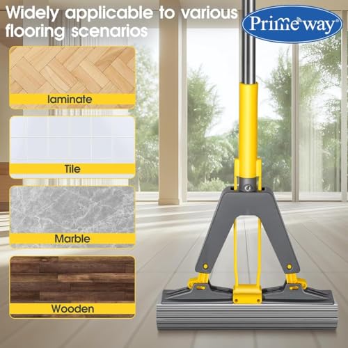Image of Primeway PVA Self Wring Butterfly Floor Cleaning Mop | New Pull Design with No Lever | 124cm Long Iron Coated Handle | 28cm Extremely Absorbent Sponge | 3 Pcs Extra Spare Refills | Grey
