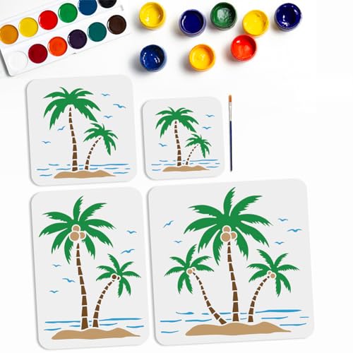 MAYJOYDIY 4 peças de estêncil de coqueiro de 15 a 30 cm, 4 tamanhos, estêncil de palmeiras com pincel de tinta, cenário de praia, mar, estêncil de selo, modelos de desenho de tema de verão para