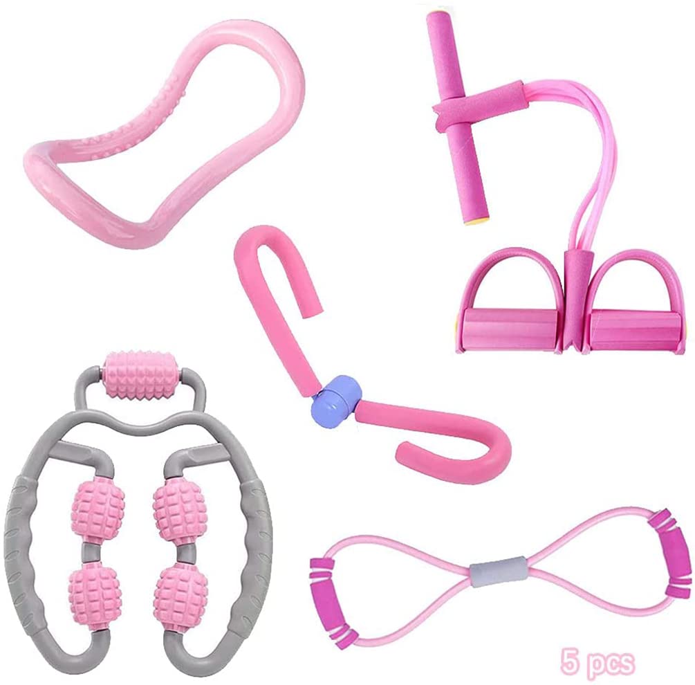 Home Gym Yoga Sport Multifunctional Equipment Set of 5 - Super Kegel Trainer,Pedal Resistance Band,8-Shape Type Tension Rope Stretch Band,Double-Angle Roller Trigger Point Massage Tool,Yoga Ring