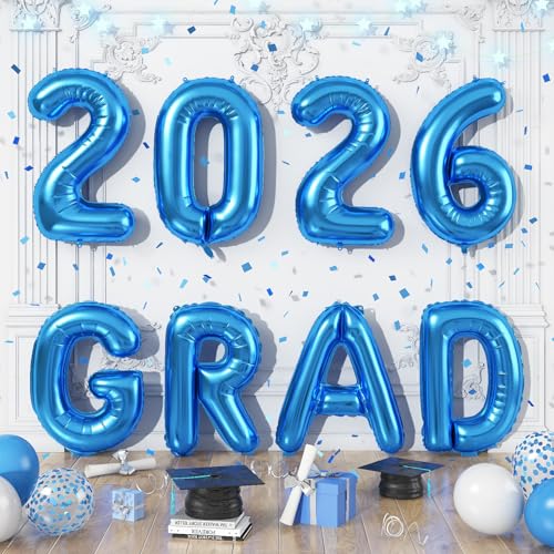 Image of Blue 2026 GRAD Congrats Balloons, 16 Inch Matte Blue Grad Foil Balloons Banner Sign for Graduation Decorations 2026, College High School Class of 2026 Graduate Congratulations Party Decor Supplies