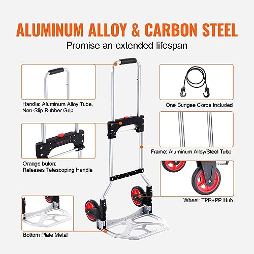 VEVOR Folding Hand Truck, 80 kg Load Capacity, Aluminum Portable Cart, Convertible Hand Truck and Dolly with Telescoping Handle and Rubber Wheels, Ultra Lightweight Super Strong for Moving Warehouse by VEVOR - Image 5