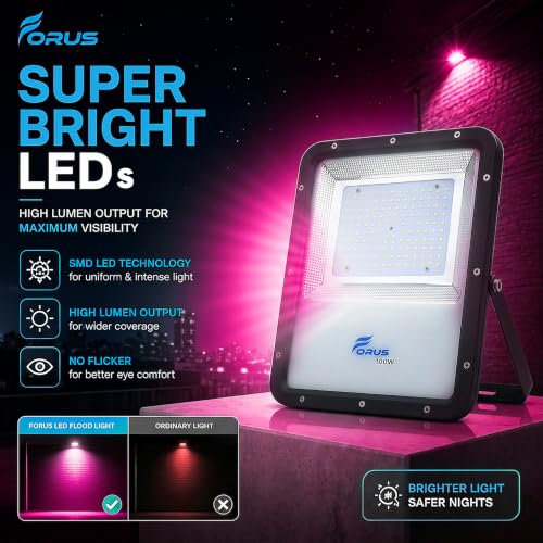 Image of Forus 100W LED Flood Light Outdoor, IP67 Waterproof Wall Mounted Outside Light, High Bright Pink LED Flood Light for Parking, Society, Industrial & Flood Lighting with 4 Year Warranty (1 Pc)