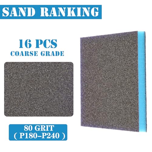 16Pcs 80 Grit Sanding Sponge, Jamiikury Sanding Blocks Washable and Reusable, Wet Dry Sandpaper Sponge for Wood Metal Furniture Paint and Drywall