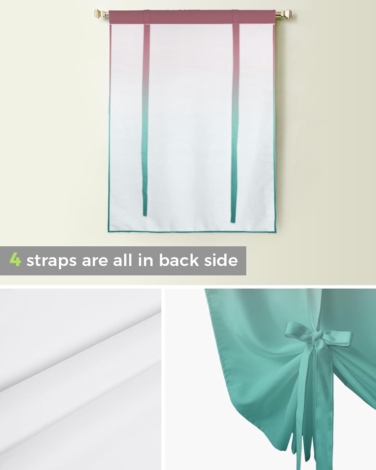 Minimalist Tie Up Window Shade Curtain Teal Pink Ombre Color Kitchen Adjustable Balloon Curtains Shades Drape 46x63In for Living Room/Bedroom/Cafe Windows Abstract Gradient Color