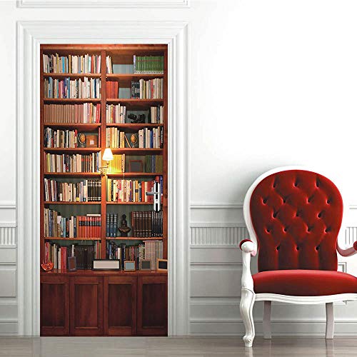 EKSDG Autocollants De Porte 3D Bibliothèque Lampe De Table Rétro Stickers Porte Poster 77X200CM Papier Peint Porte Trompe L'Oeil Pour Salon Chambre Décoration De La Maison Stickers Muraux Imperméable