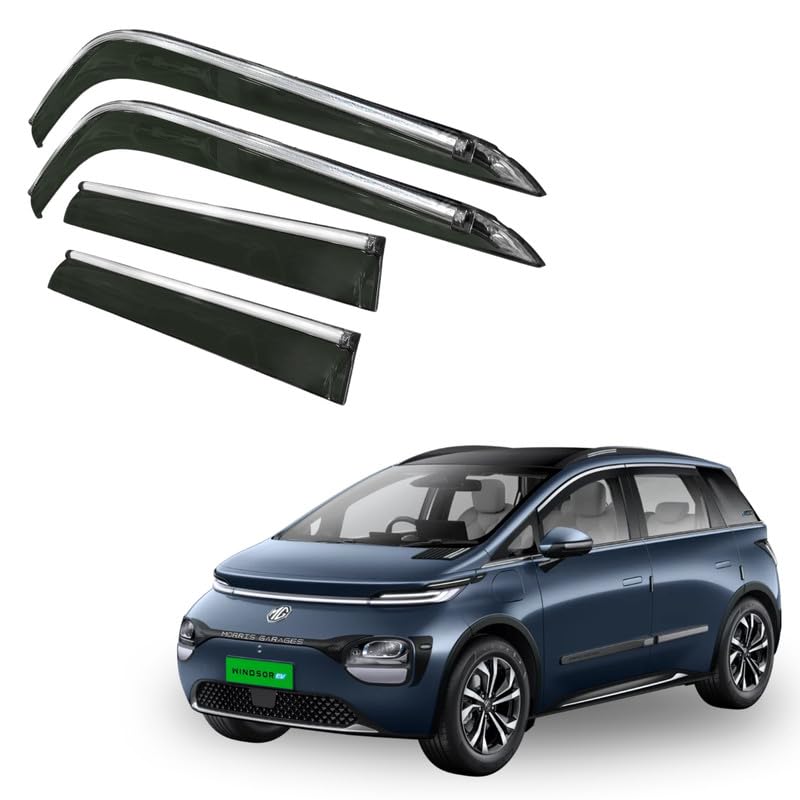Image of CAR SAAZ Side Door Visors for MG Windsor Pro (2024-present)(Set of 4Pcs)|Chrome Lined Rain Guards, Polycarbonate, Smoke Finish