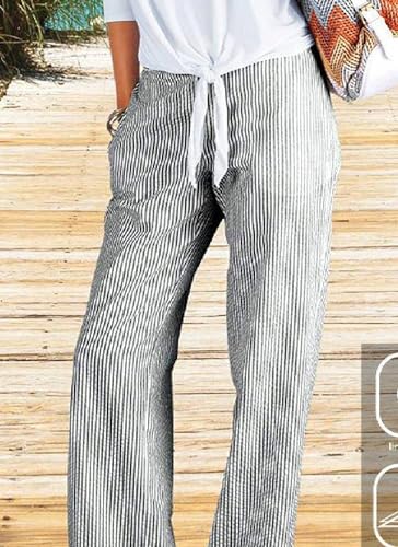 Women's Black and White Striped Wide Leg Pants with Drawstring Waist 2025 Spring Comfortable Pants with Side Pocket3