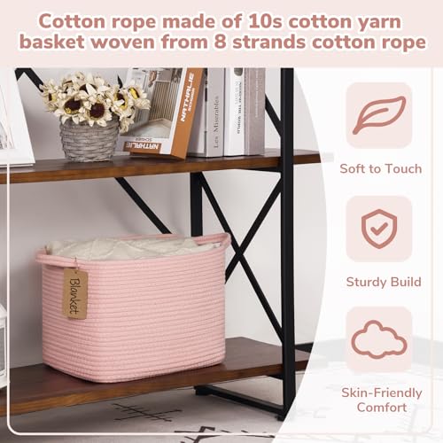 Image of Goodpick Woven Rope Storage Basket for Shelves, Rectangle, Pink