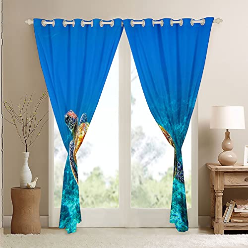 Loussiesd Sea Turtle Curtain 3D Reptile Print Window Treatments For Kids Children Teens Ocean Marine Themed Window Drapes Underwater Animal Blue Window Curtain Bedroom Decor W46*L54 - Image 4