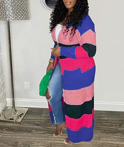 Image of SOMTHRON Women's Fall Cardigan Sweater Open Front Color Block Striped Knit Long Draped Coat Duster Outerwear
